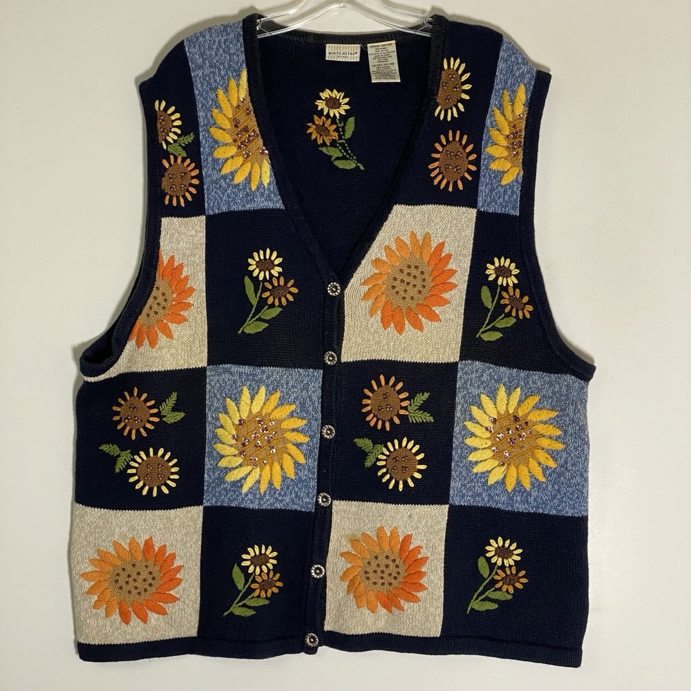 Vintage White Stag Vest Womens 26W 28W Embroidered Sunflower Grannycore Cottage
